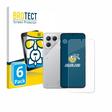 Face avant d’un emballage produit avec le logo de la marque BROTECT. À côté, l’appareil Tecno Pova 7 Pro (Avant+Caméra) est re