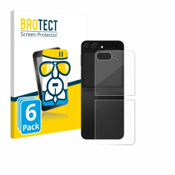 Face avant d’un emballage produit avec le logo de la marque BROTECT. À côté, l’appareil Samsung Galaxy Z Flip 7 FE (Arrière) e