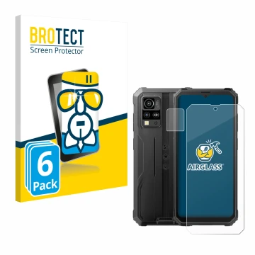 Face avant d’un emballage produit avec le logo de la marque BROTECT. À côté, l’appareil Blackview BV4800 (Avant+Caméra) est re