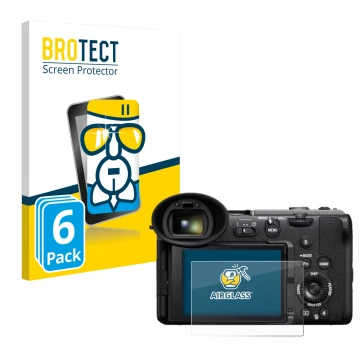 Face avant d’un emballage produit avec le logo de la marque BROTECT. À côté, l’appareil Sony Cinema Line FX2 est représenté av