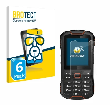 Face avant d’un emballage produit avec le logo de la marque BROTECT. À côté, l’appareil Gigaset GLX8 est représenté avec la pr