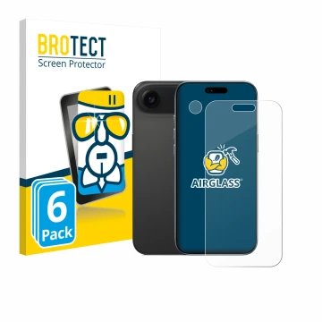 Face avant d’un emballage produit avec le logo de la marque BROTECT. À côté, l’appareil Apple iPhone Air (Avant+Caméra) est re