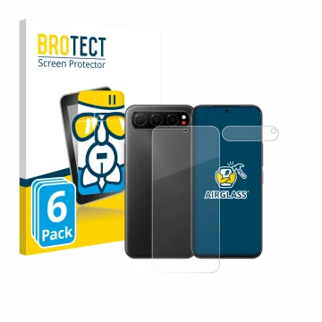 Face avant d’un emballage produit avec le logo de la marque BROTECT. À côté, l’appareil Nubia Air (Avant+Caméra) est représent