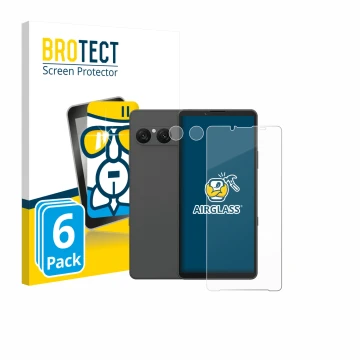 Face avant d’un emballage produit avec le logo de la marque BROTECT. À côté, l’appareil Sony Xperia 10 VII (Avant+Caméra) est 