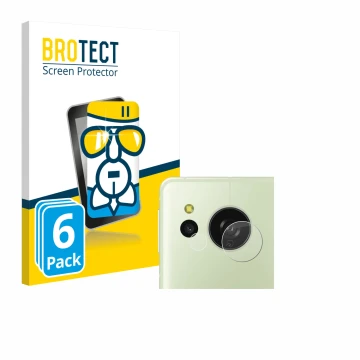 Face avant d’un emballage produit avec le logo de la marque BROTECT. À côté, l’appareil Sharp Aquos Sense 8 (Caméra UNIQUEMENT