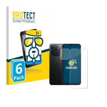 Face avant d’un emballage produit avec le logo de la marque BROTECT. À côté, l’appareil Xiaomi Poco C85 (Avant+Caméra) est rep