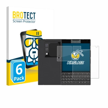 Face avant d’un emballage produit avec le logo de la marque BROTECT. À côté, l’appareil Unihertz Titan 2 (Avant+Caméra) est re
