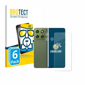 Face avant d’un emballage produit avec le logo de la marque BROTECT. À côté, l’appareil Motorola Edge 70 (Avant+Caméra) est re