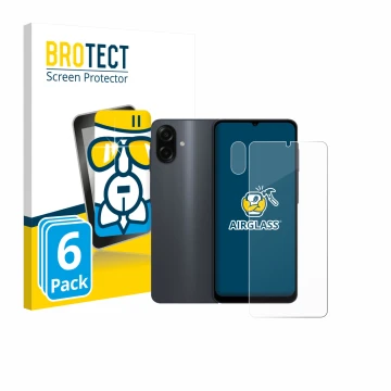 Face avant d’un emballage produit avec le logo de la marque BROTECT. À côté, l’appareil Samsung Galaxy A07 (Avant+Caméra) est 