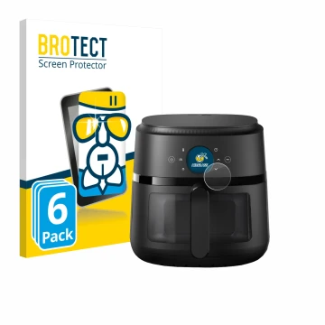 Face avant d’un emballage produit avec le logo de la marque BROTECT. À côté, l’appareil Philips Airfryer 2000 Gen 2 6,2L est r