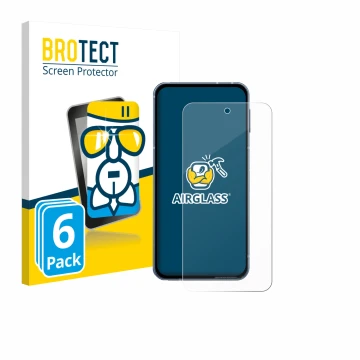 Face avant d’un emballage produit avec le logo de la marque BROTECT. À côté, l’appareil Sharp Aquos Sense 10 est représenté av