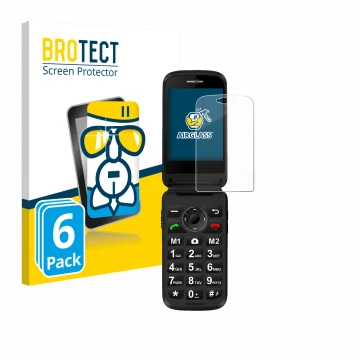 Face avant d’un emballage produit avec le logo de la marque BROTECT. À côté, l’appareil Simvalley Mobile XL-970 est représenté