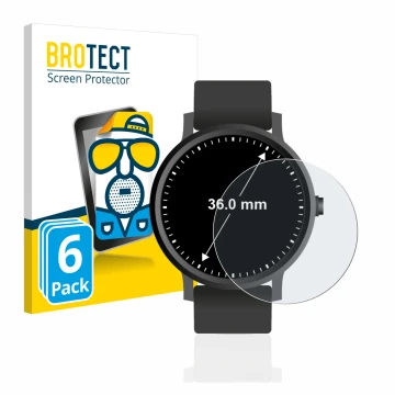 Face avant d’un emballage produit avec le logo de la marque BROTECT. À côté, l’appareil Montres (Circulaire, ø: 36 mm) est rep