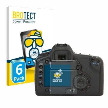 Face avant d’un emballage produit avec le logo de la marque BROTECT. À côté, l’appareil Canon EOS 5D est représenté avec la pr