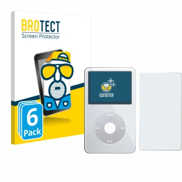 Face avant d’un emballage produit avec le logo de la marque BROTECT. À côté, l’appareil Apple iPod Classic Video (Avant+Arrièr