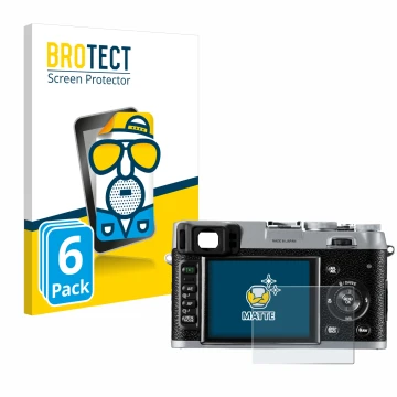 Face avant d’un emballage produit avec le logo de la marque BROTECT. À côté, l’appareil Fujifilm FinePix X100 est représenté a