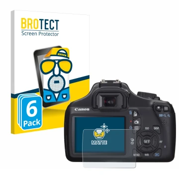 Face avant d’un emballage produit avec le logo de la marque BROTECT. À côté, l’appareil Canon EOS 1100D est représenté avec la