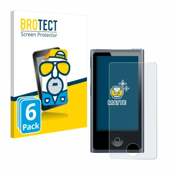 Face avant d’un emballage produit avec le logo de la marque BROTECT. À côté, l’appareil Apple iPod nano 2012 (7ème Gen.) est r
