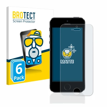 Face avant d’un emballage produit avec le logo de la marque BROTECT. À côté, l’appareil Apple iPhone 5S est représenté avec la