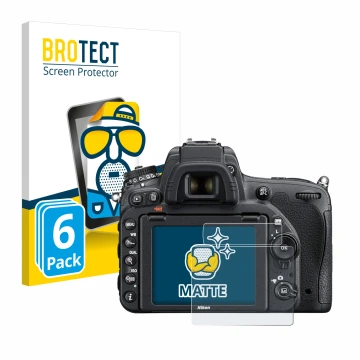Face avant d’un emballage produit avec le logo de la marque BROTECT. À côté, l’appareil Nikon D750 est représenté avec la prot