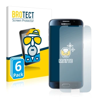 Face avant d’un emballage produit avec le logo de la marque BROTECT. À côté, l’appareil Samsung Galaxy S6 est représenté avec 