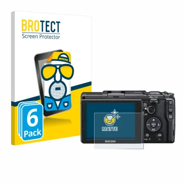 Face avant d’un emballage produit avec le logo de la marque BROTECT. À côté, l’appareil Ricoh GR II 2015 est représenté avec l