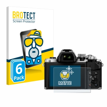 Face avant d’un emballage produit avec le logo de la marque BROTECT. À côté, l’appareil Olympus OM-D E-M10 Mark II est représe