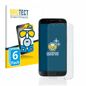 Face avant d’un emballage produit avec le logo de la marque BROTECT. À côté, l’appareil Samsung Galaxy S7 est représenté avec 