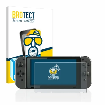 Face avant d’un emballage produit avec le logo de la marque BROTECT. À côté, l’appareil Nintendo Switch est représenté avec la
