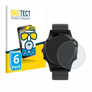 Face avant d’un emballage produit avec le logo de la marque BROTECT. À côté, l’appareil Garmin Fenix 5 (47 mm) est représenté 