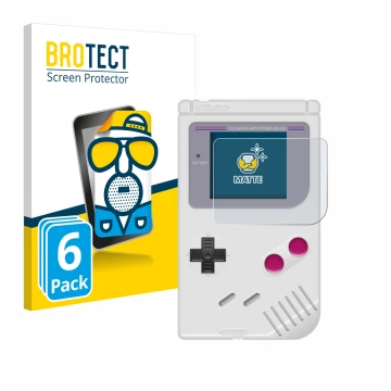 Face avant d’un emballage produit avec le logo de la marque BROTECT. À côté, l’appareil Nintendo Gameboy (1989) est représenté