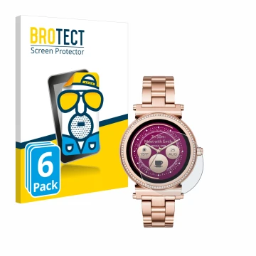 Face avant d’un emballage produit avec le logo de la marque BROTECT. À côté, l’appareil Michael Kors Access Sofie est représen