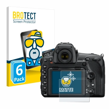 Face avant d’un emballage produit avec le logo de la marque BROTECT. À côté, l’appareil Nikon D850 est représenté avec la prot