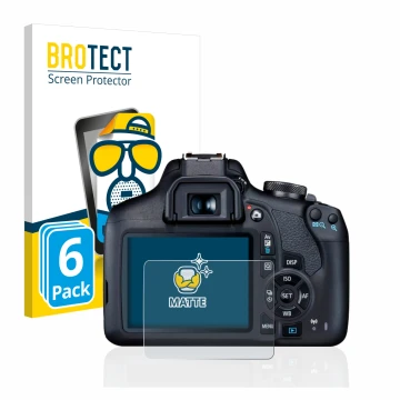 Face avant d’un emballage produit avec le logo de la marque BROTECT. À côté, l’appareil Canon EOS 2000D est représenté avec la