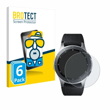 Face avant d’un emballage produit avec le logo de la marque BROTECT. À côté, l’appareil Samsung Galaxy Watch (46 mm) est repré