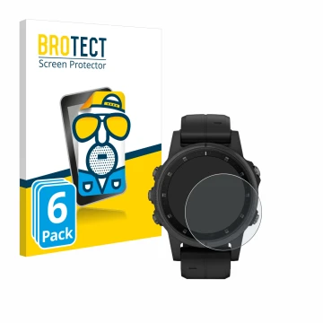 Face avant d’un emballage produit avec le logo de la marque BROTECT. À côté, l’appareil Garmin Fenix 5S Plus (42 mm) est repré