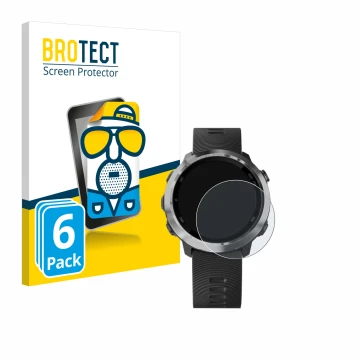 Face avant d’un emballage produit avec le logo de la marque BROTECT. À côté, l’appareil Garmin Forerunner 645 Music est représ