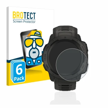 Face avant d’un emballage produit avec le logo de la marque BROTECT. À côté, l’appareil Garmin Instinct est représenté avec la