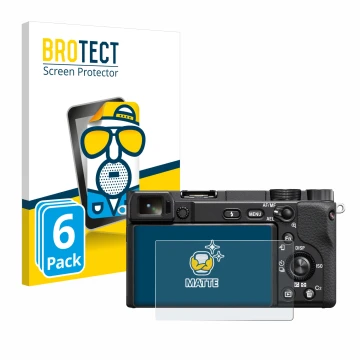 Face avant d’un emballage produit avec le logo de la marque BROTECT. À côté, l’appareil Sony Alpha 6400 est représenté avec la