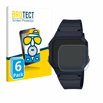 Face avant d’un emballage produit avec le logo de la marque BROTECT. À côté, l’appareil Casio Unisex F-91W est représenté avec