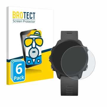 Face avant d’un emballage produit avec le logo de la marque BROTECT. À côté, l’appareil Garmin Forerunner 245 Music est représ