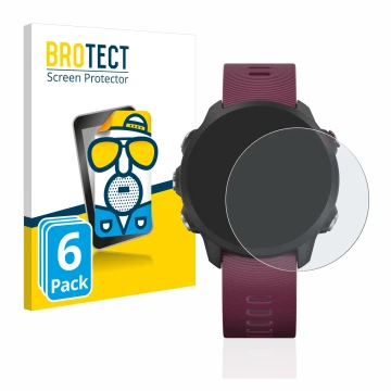 Face avant d’un emballage produit avec le logo de la marque BROTECT. À côté, l’appareil Garmin Forerunner 245 est représenté a