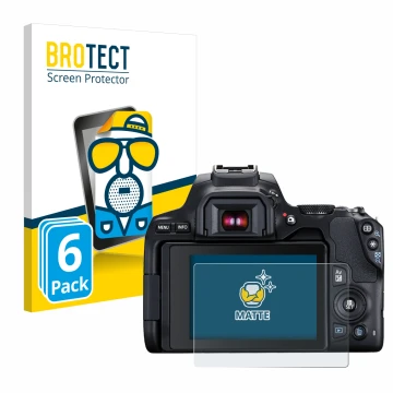 Face avant d’un emballage produit avec le logo de la marque BROTECT. À côté, l’appareil Canon EOS 250D est représenté avec la 