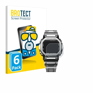Face avant d’un emballage produit avec le logo de la marque BROTECT. À côté, l’appareil Casio G-Shock GMW-B5000D-1ER est repré
