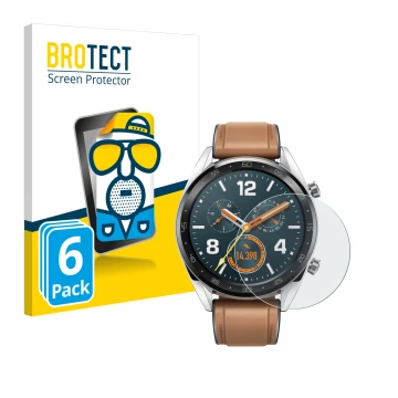 Face avant d’un emballage produit avec le logo de la marque BROTECT. À côté, l’appareil Huawei Watch GT Classic est représenté