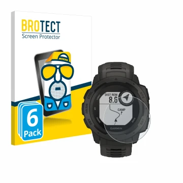 Face avant d’un emballage produit avec le logo de la marque BROTECT. À côté, l’appareil Garmin Instinct Tactical Edition est r