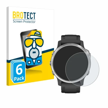 Face avant d’un emballage produit avec le logo de la marque BROTECT. À côté, l’appareil Garmin Fenix 6S est représenté avec la