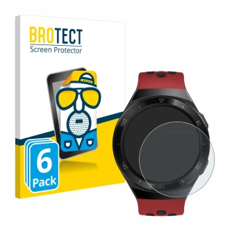 Face avant d’un emballage produit avec le logo de la marque BROTECT. À côté, l’appareil Huawei Watch GT 2e est représenté avec