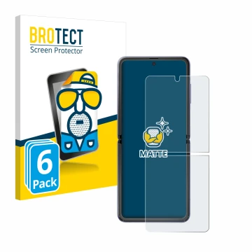 Face avant d’un emballage produit avec le logo de la marque BROTECT. À côté, l’appareil Samsung Galaxy Z Flip 5G est représent