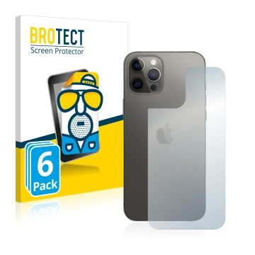 Face avant d’un emballage produit avec le logo de la marque BROTECT. À côté, l’appareil Apple iPhone 12 Pro Max (Arrière) est 